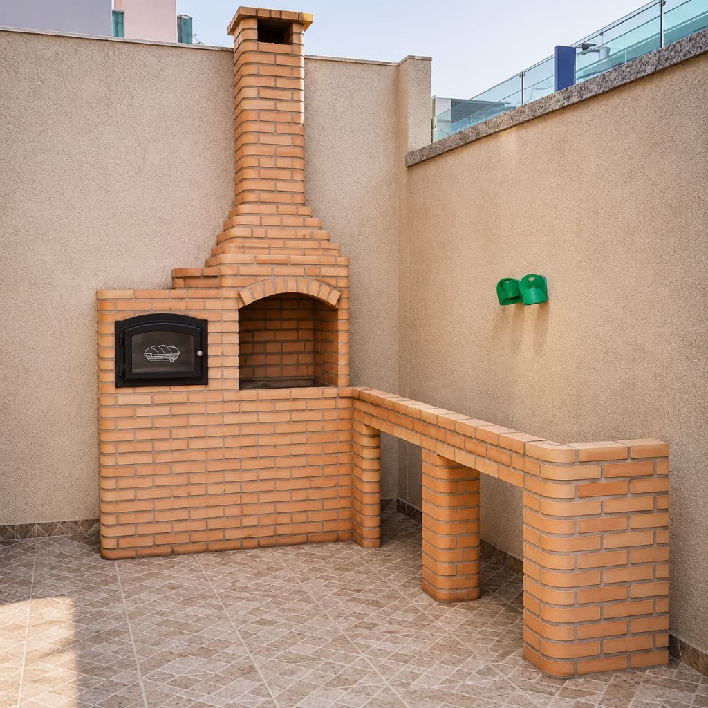 Churrasqueira de Tijolo Palha 80cm com Forno a Lenha e Bancada em L