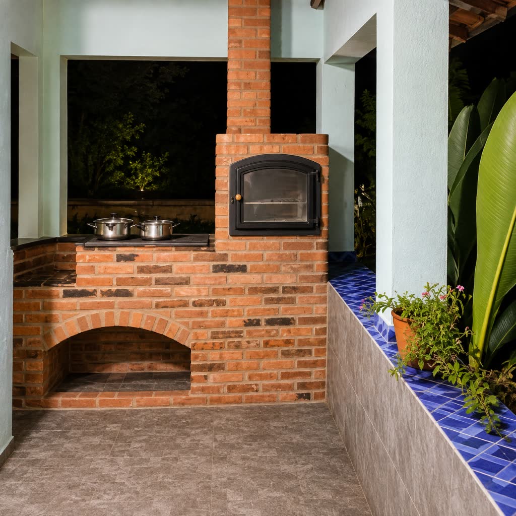 Conjunto Forno Caipira e Fogão a Lenha em Tijolo Maciço Vermelho